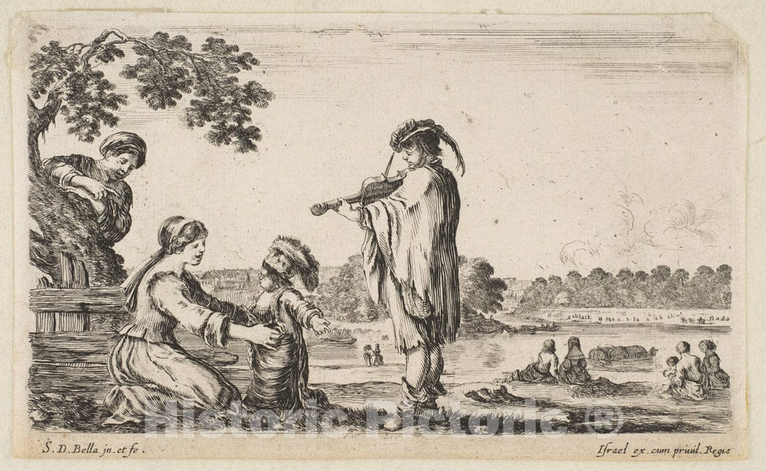 Art Print : A Man Playing The Violin in Center - Artist: Stefano Della Bella - Created: 1649 1 : Vintage Wall Art