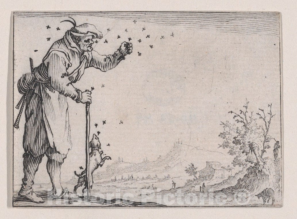 Art Print : Jacques Callot - Le Paysan Assailli par les Abeilles (The Peasant Attacked by Bees), from Les Caprices Series A, The Florence Set : Vintage Wall Art