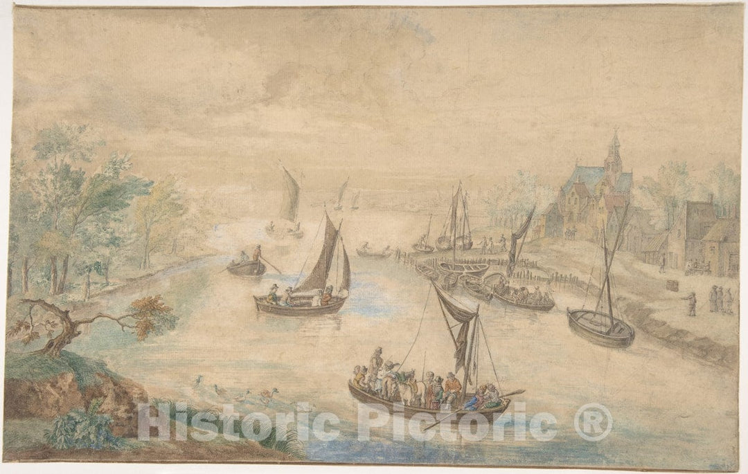 Art Print : Flemish, 18th Century - Landscape with River in The Center, with Ferryboat : Vintage Wall Art