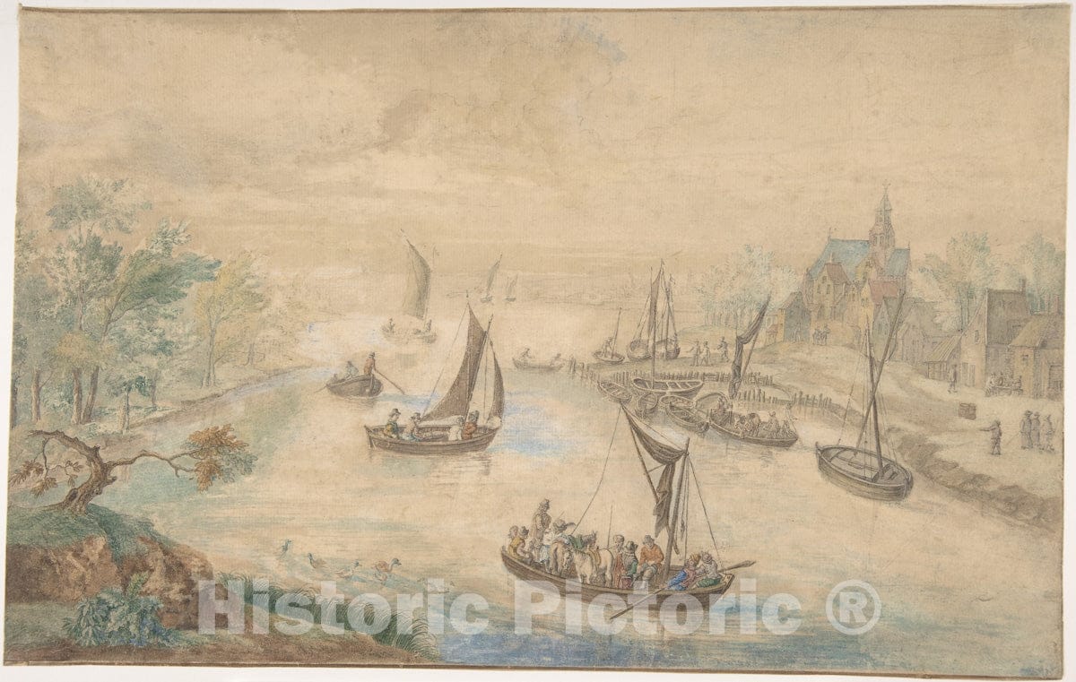 Art Print : Flemish, 18th Century - Landscape with River in The Center, with Ferryboat : Vintage Wall Art