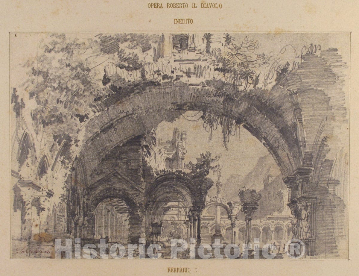 Art Print : Carlo Ferrario - Architectural Ruins with a View of a Garden; Stage Design for Giacomo Meyerbeer's Opera,Robert le Diable : Vintage Wall Art