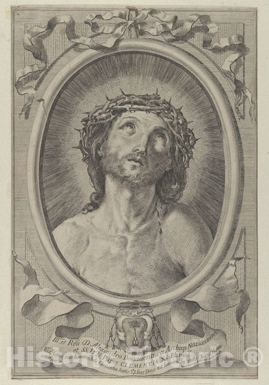 Art Print : Engraved by Cajetanus Urbinas - Head of Christ with Crown of Thorns, in an Oval Frame with a Ribbon Above and Banderole Below, After Reni : Vintage Wall Art