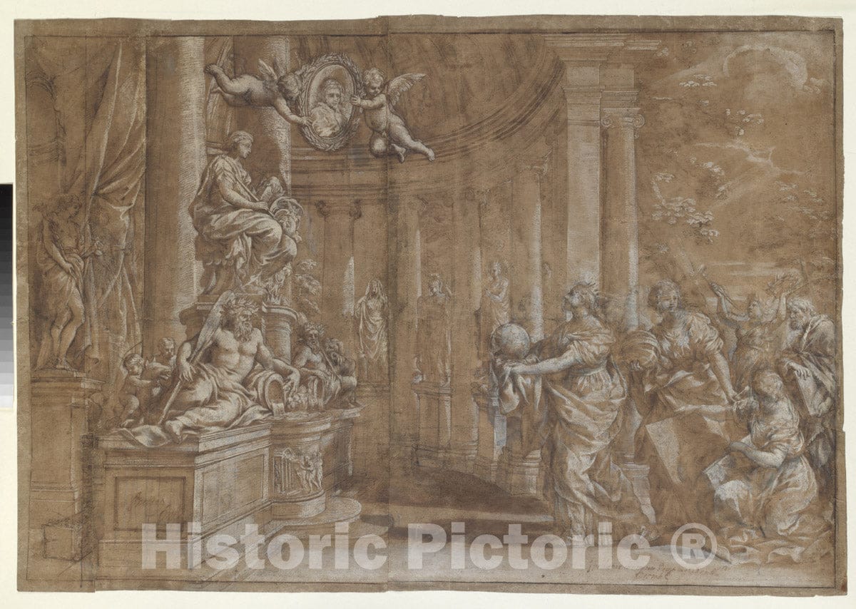 Art Print : Pietro da Cortona (Pietro Berrettini) - Allegory in Honor of Cardinal Antonio Barberini The Younger (1607-1671) (Design for an Engraving) : Vintage Wall Art