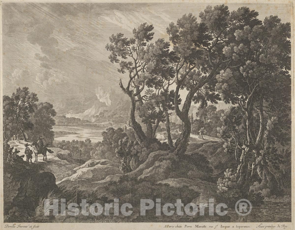 Art Print : Adam Perelle - A Landscape with Travellers at The Left : Vintage Wall Art