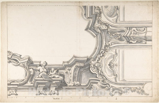 Art Print : Design for an Elaborate Cornice with a Cartouche and Figures Supporting a Ceiling - Artist: Italian, Piedmontese, 18th Century - 1700–1780 : Vintage Wall Art