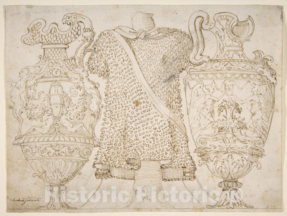 Art Print : After Polidoro da Caravaggio - Ornamental Design with Amphore and Antique Style Armor : Vintage Wall Art