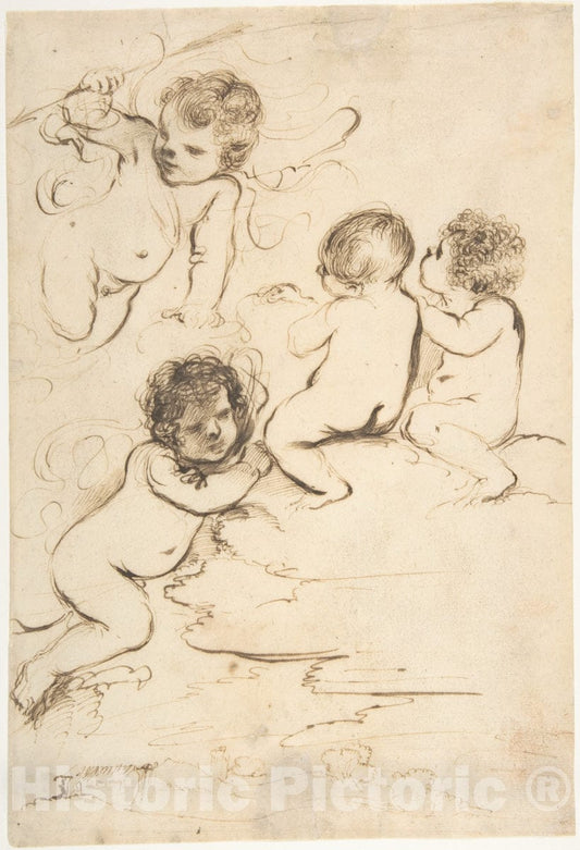 Art Print : Guercino (Giovanni Francesco Barbieri) - Four Putti with Bow and Arrows on Clouds Above a Landscape with a Tower : Vintage Wall Art