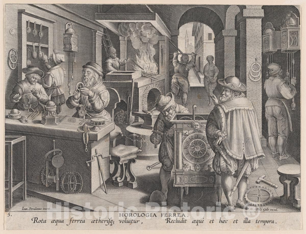 Art Print : Theodoor Galle - New Inventions of Modern Times Nova Reperta, The Invention of Clockwork, Plate 5 : Vintage Wall Art