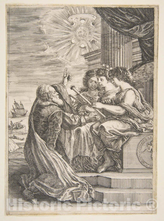Art Print : Stefano Della Bella - Galileo and personifications of Astronomy, Perspective and Mathematics, Frontispiece for 'Opere di Galileo Galilei' : Vintage Wall Art