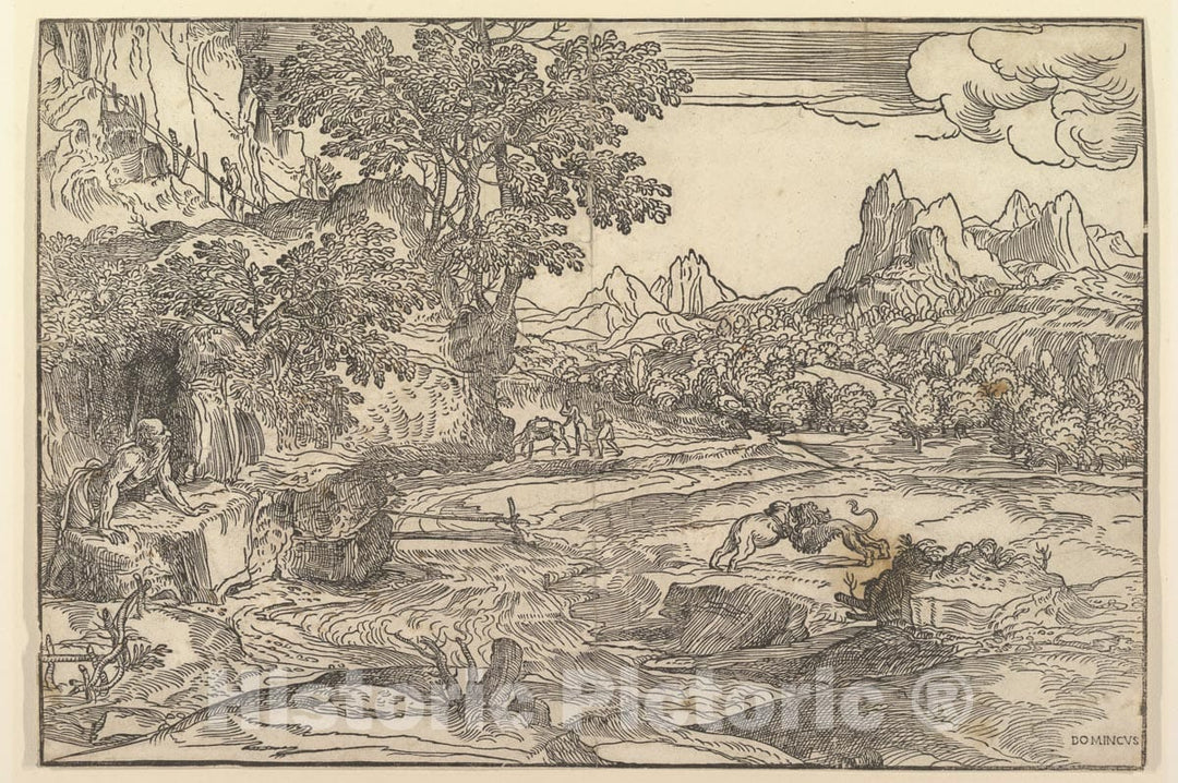 Art Print : Landscape with Saint Jerome at Left Looking Towards Lion and Bear - Artist: Domenico Campagnola - Created: c1530 : Vintage Wall Art