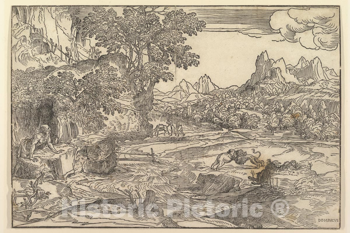 Art Print : Landscape with Saint Jerome at Left Looking Towards Lion and Bear - Artist: Domenico Campagnola - Created: c1530 : Vintage Wall Art