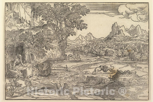 Art Print : Landscape with Saint Jerome at Left Looking Towards Lion and Bear - Artist: Domenico Campagnola - Created: c1530 : Vintage Wall Art