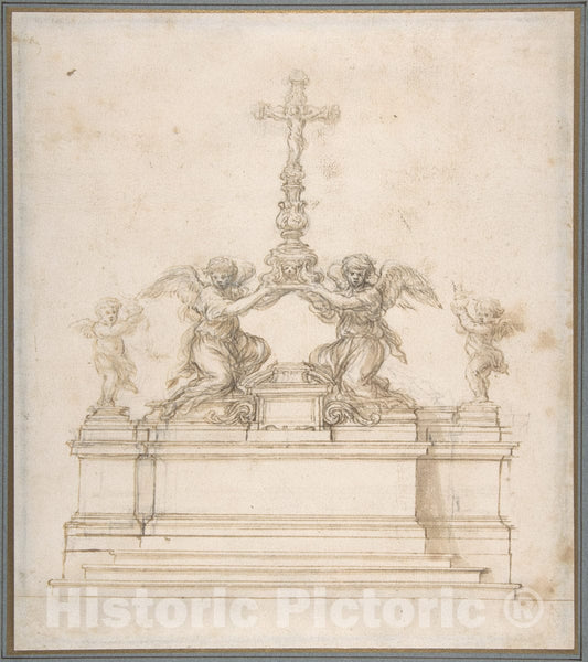 Art Print : Ciro Ferri - Design for an Altar with Kneeling Angels Supporting a Crucifix : Vintage Wall Art