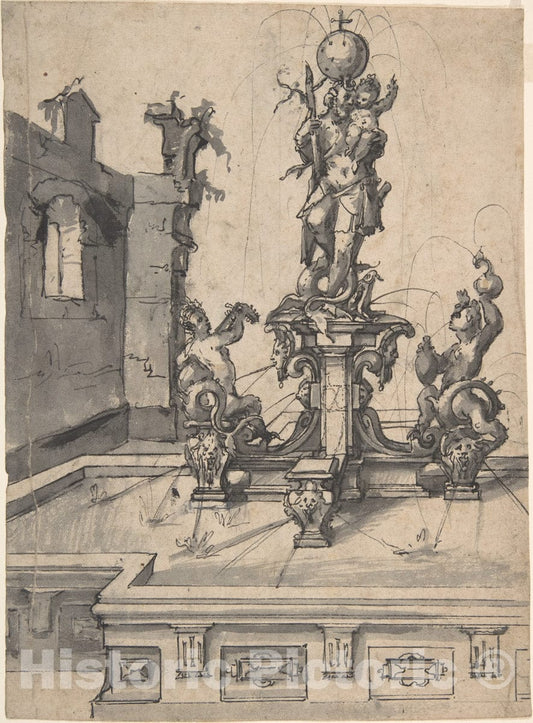 Art Print : Wendel Dietterlin - Design for an Elaborate Fountain Surmounted by a Statue of St. Christopher : Vintage Wall Art