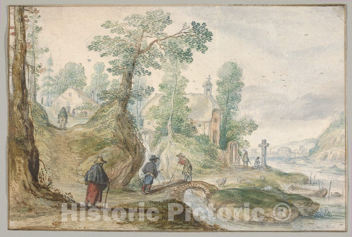 Art Print : Hendrick Avercamp - A Wooded River Landscape with a Church and Figures : Vintage Wall Art
