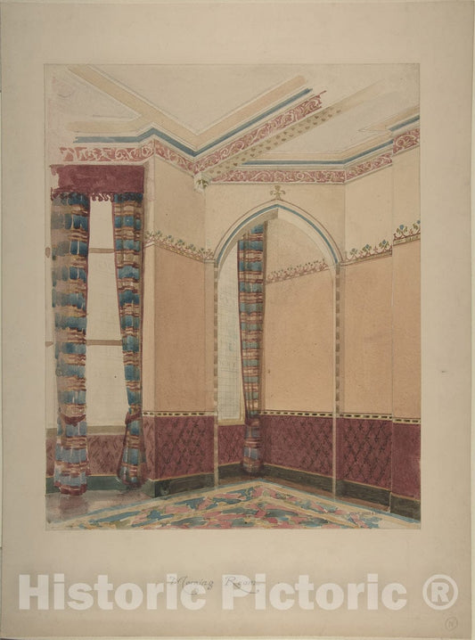 Art Print : John Gregory Crace - Interior of a Morning Room with Wainscoting, Striped Curtains, and Painted Walls : Vintage Wall Art