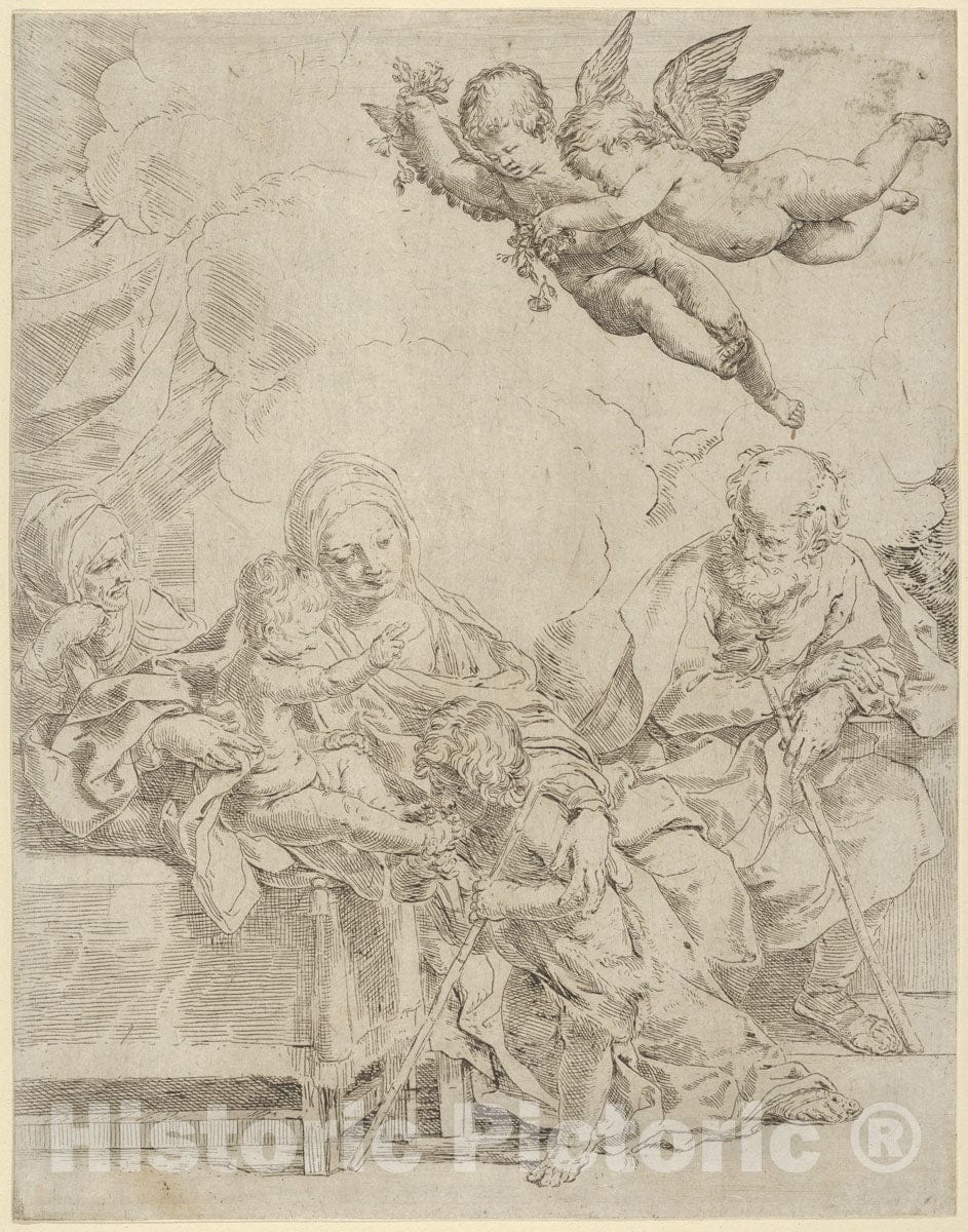 Art Print : Guido Reni - The Holy Family with Young John The Baptist and Saint Elizabeth, Two Angels Above : Vintage Wall Art