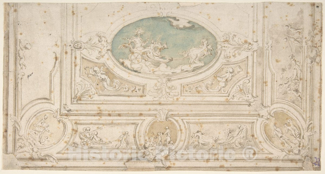 Art Print : Italian, 18th Century - Design for a Ceiling with Apollo on his Wagon in The Central Compartment : Vintage Wall Art