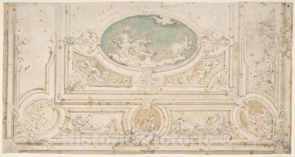 Art Print : Italian, 18th Century - Design for a Ceiling with Apollo on his Wagon in The Central Compartment : Vintage Wall Art