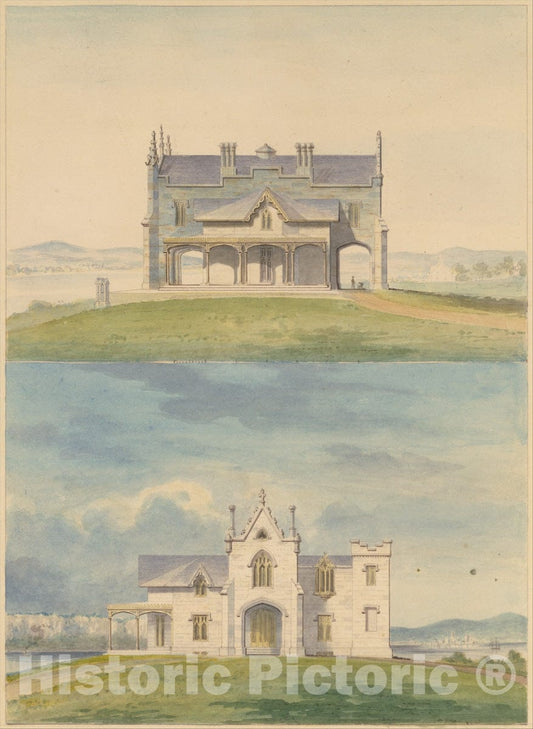 Art Print : Alexander Jackson Davis - Knoll for William and Philip R. Paulding, Tarrytown (South and East Front elevations) : Vintage Wall Art