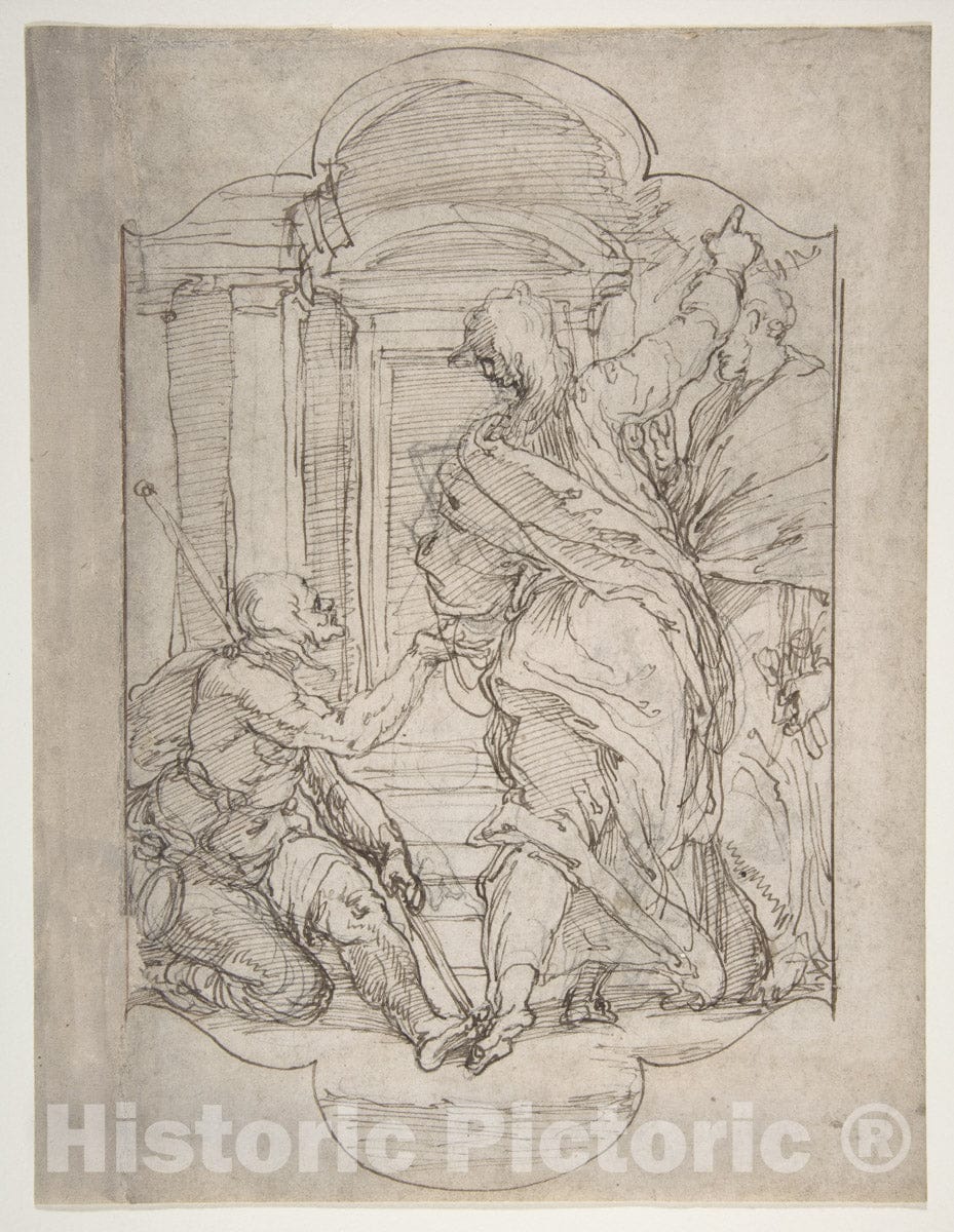 Art Print : Perino del Vaga (Pietro Buonaccorsi) - Saint Peter and Saint John Healing a Cripple at The Gate of The Temple : Vintage Wall Art