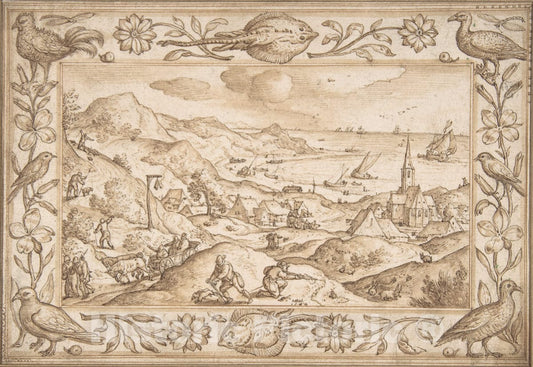 Art Print : Hans BOL - Hilly Coastal Landscape with Hunters, with an Elaborate Border of Fishes and Birds : Vintage Wall Art