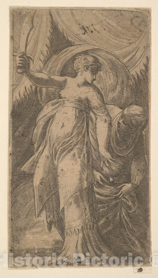 Art Print : Andrea Schiavone (Andrea Meldola) - Judith with her Sword Raised in her Right Hand and Placing The Head of Holofernes in The Sack with her Left : Vintage Wall Art