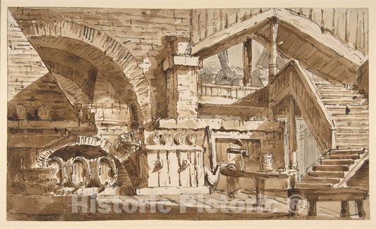 Art Print : Lorenzo Sacchetti - Design for a Stage Set Showing Interior of Rustic Kitchen (Cucina Rustica) : Vintage Wall Art