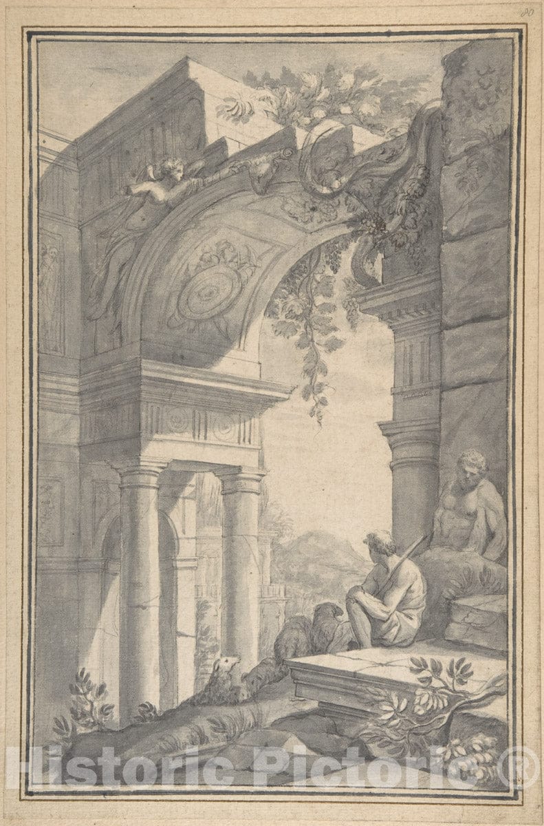 Art Print : Johannes Antiquus - A Shepherd Under a Ruined Arch with The Farnese Hercules : Vintage Wall Art