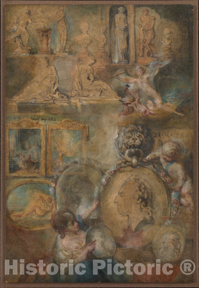 Art Print : Gabriel de Saint-Aubin - Allegory of Louis XV as Patron of The Arts with Paintings and Sculpture from The Salon of 1769 : Vintage Wall Art