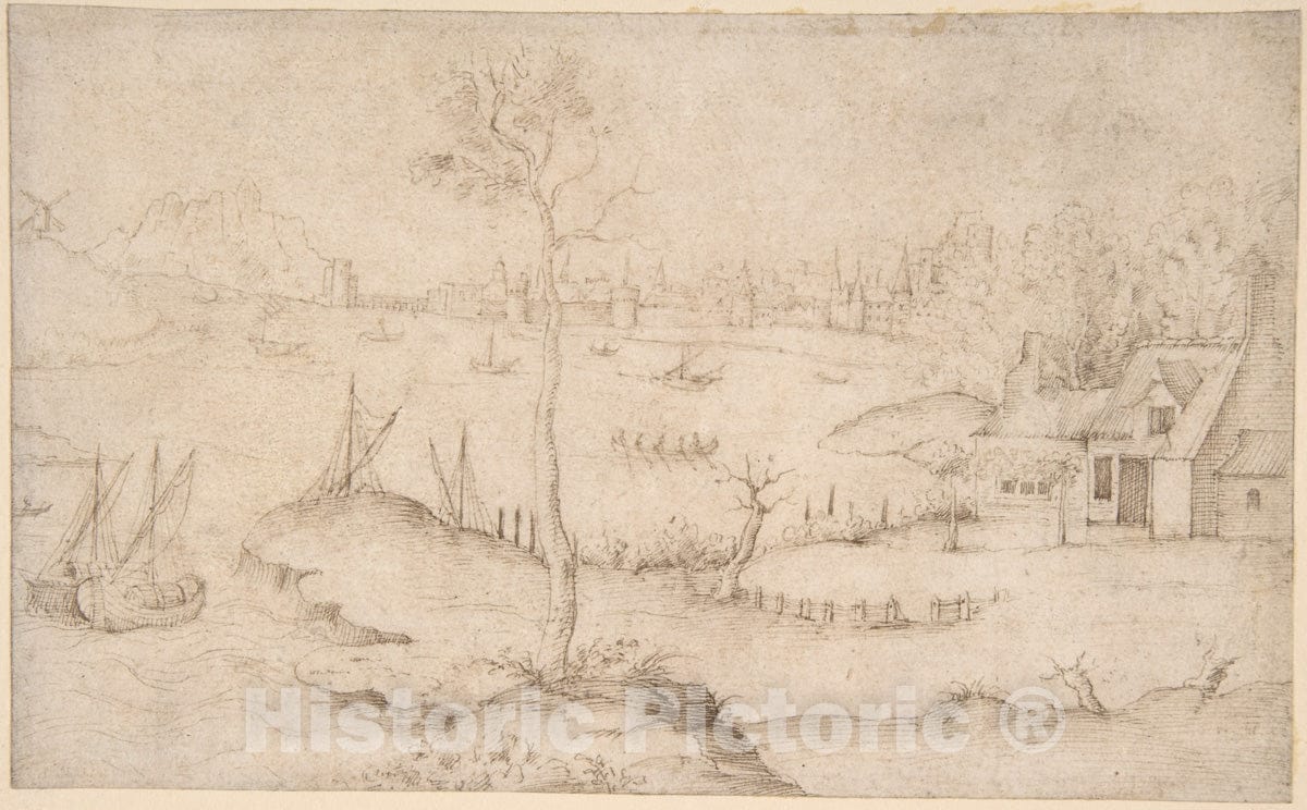 Art Print : Circle of Matthijs Cock - Landscape with a Walled City and a Large Body of Water : Vintage Wall Art