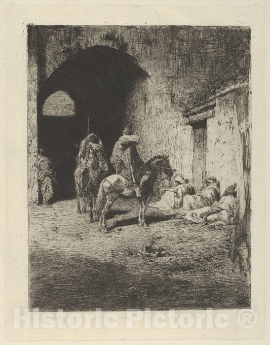 Art Print : Mariano Fortuny, 1838–1874 - Guards on Horseback at The Entrance to The Kasbah in Tetuan, Figures Sitting on The Ground : Vintage Wall Art