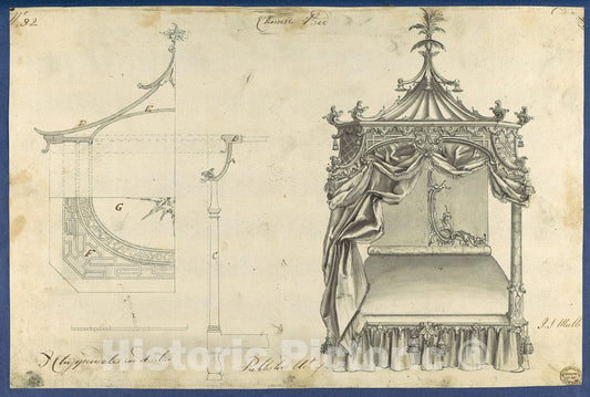 Art Print : Thomas Chippendale - Chinese Bed, in Chippendale Drawings, Vol. I : Vintage Wall Art