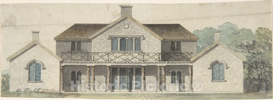Art Print : Humphry Repton - Design for a Cottage Ornée in The Tudoresque Style : Vintage Wall Art