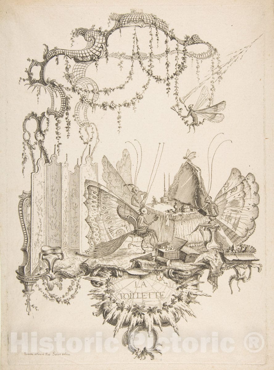 Art Print : Charles Germain de Saint-Aubin - The Toilet (La Toilette), from Essai de Papilloneries Humaines par Saint Aubin : Vintage Wall Art