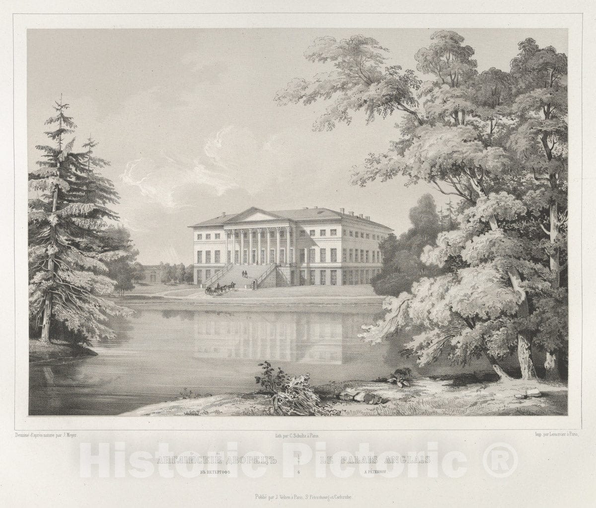 Art Print : J. Meyer - Le Palais Anglais à Peterhof, from The Series Vues pittoresques des Palais & jardins impériaux aux Environs de St. Petersbourg : Vintage Wall Art