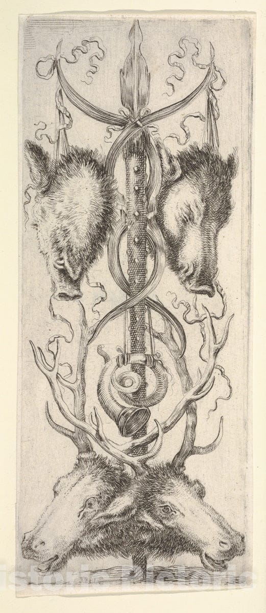 Art Print : Stefano Della Bella - A Hunting Trophy, Two Wild Boar Heads Above, Two Deer Heads Below, a from 'Ornaments or Grotesques' (Ornamenti o Grottesche) : Vintage Wall Art