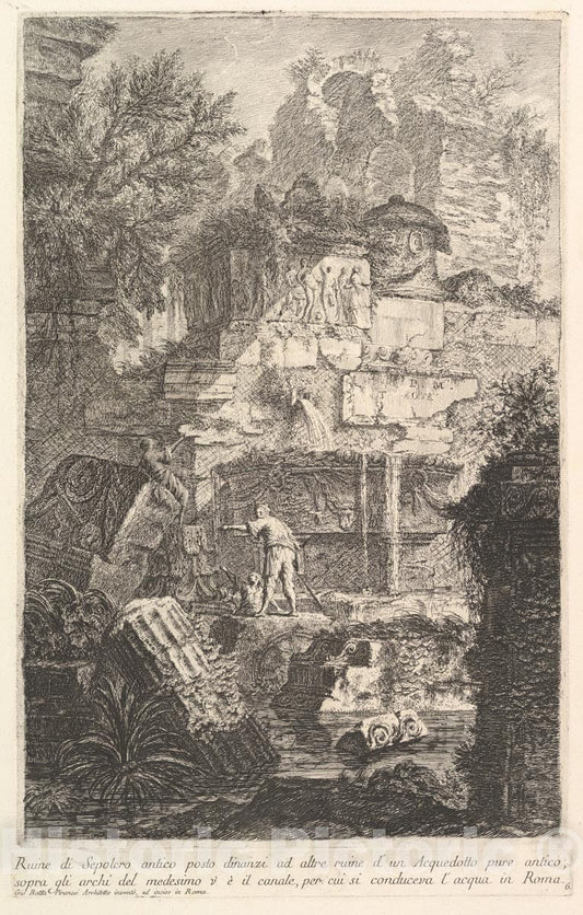 Art Print : Ruins of an Ancient Tomb in Front of Ruins of an Ancient Aqueduct - Artist: Giovanni Battista Piranesi - Created: c1750 : Vintage Wall Art