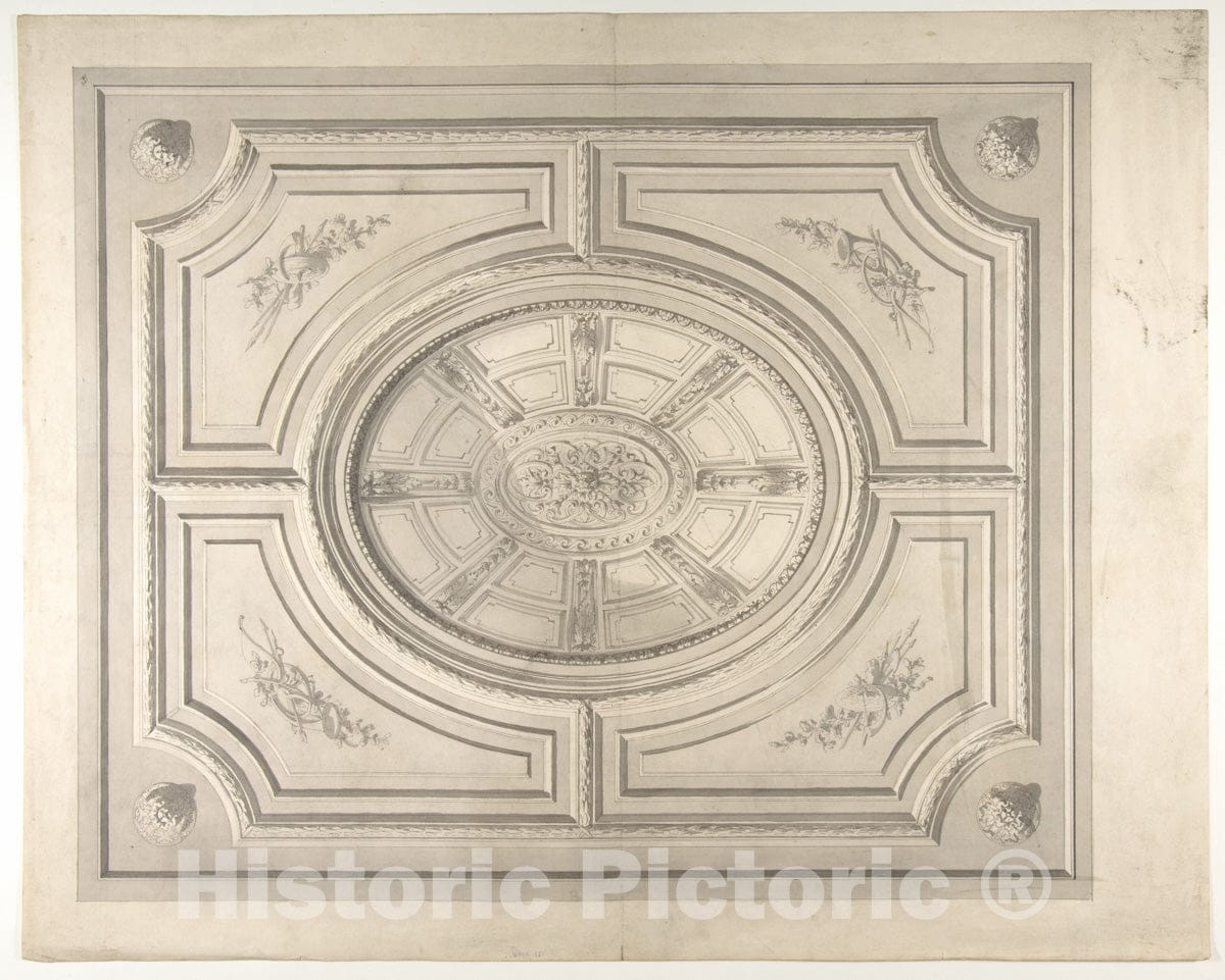 Art Print : Jules-Edmond-Charles Lachaise - Design for a Ceiling with Trophies and a Trompe L'Oeil coffers : Vintage Wall Art
