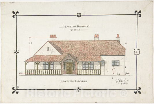 Art Print : Ernest Geldart - Bungalow  Drawing - Southern Elevation : Vintage Wall Art