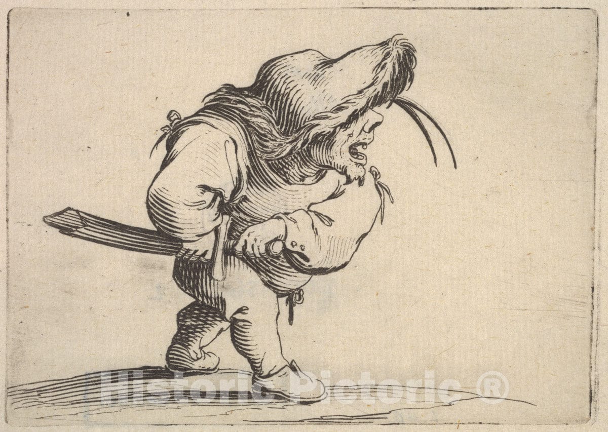 Art Print : Small Male Figure Stopping to Draw his Sword - Artist: Jacques Callot - Created: c1621 : Vintage Wall Art