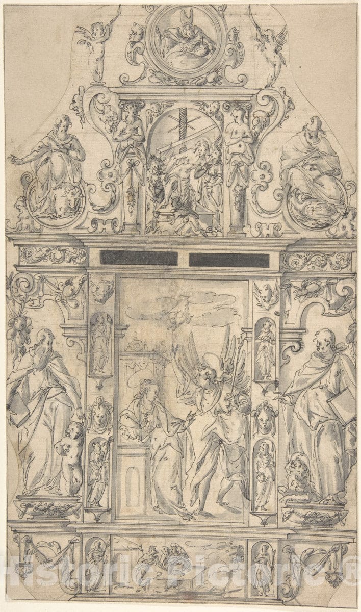Art Print : Anonymous, German, 17th Century - Design for a Tabernacle with The Annunciation : Vintage Wall Art