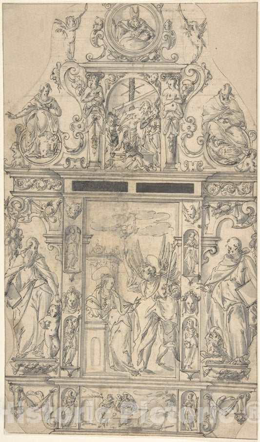 Art Print : Anonymous, German, 17th Century - Design for a Tabernacle with The Annunciation : Vintage Wall Art