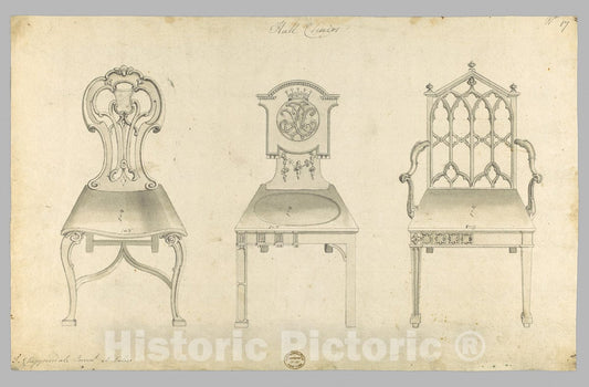 Art Print : Thomas Chippendale - Hall Chairs, in Chippendale Drawings, Vol. I : Vintage Wall Art