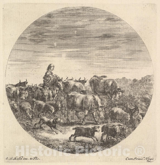 Art Print : A Peasant Woman Seated on a Horse - Artist: Stefano Della Bella - Created: c1643 : Vintage Wall Art
