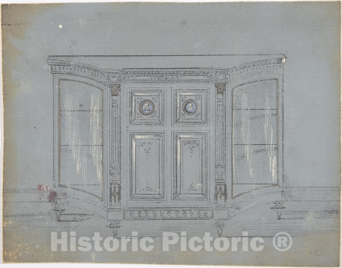 Art Print : British, 19th Century - Design for a Cabinet with Glass Side Doors and Porcelain Plaques : Vintage Wall Art