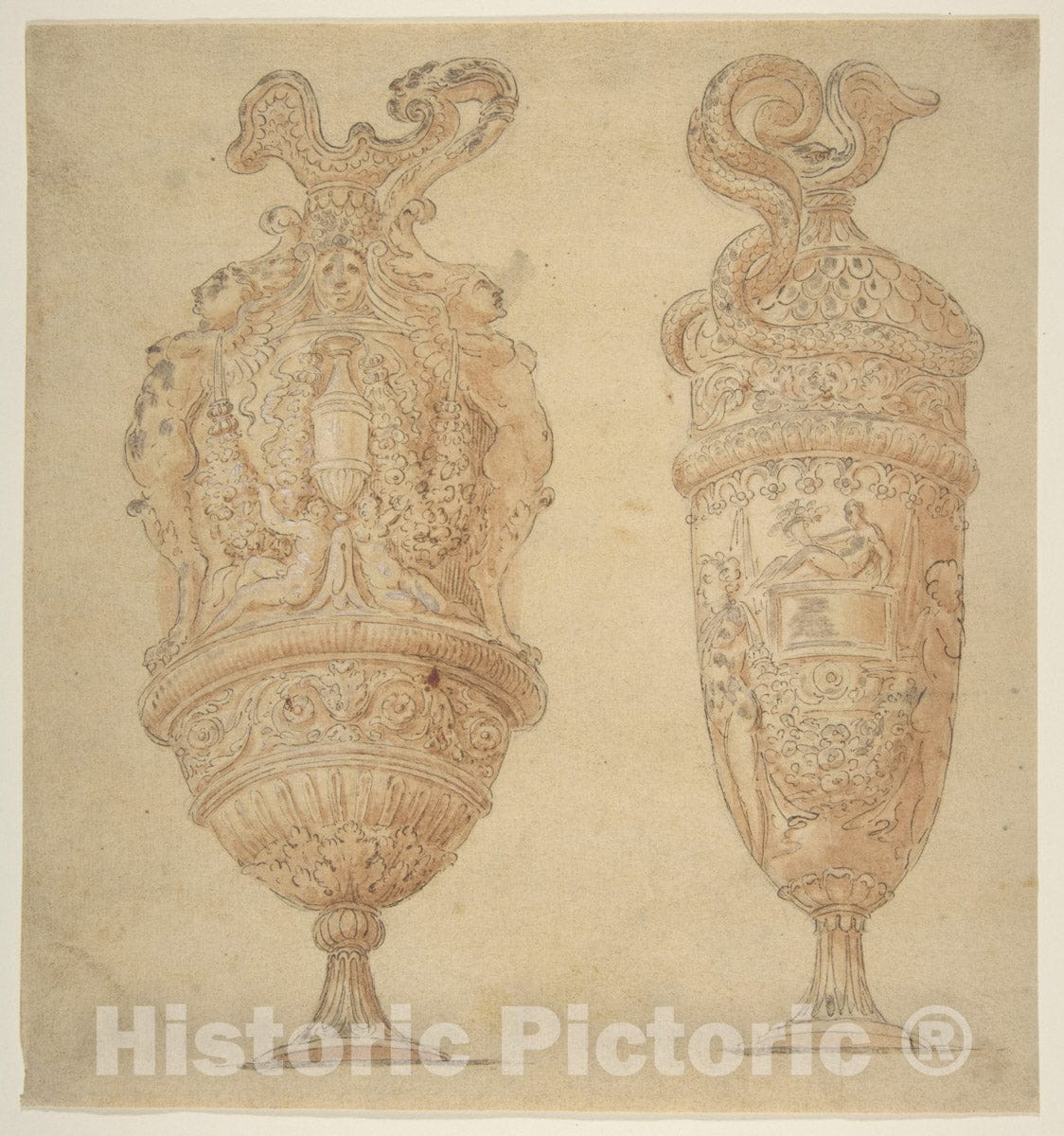 Art Print : After Polidoro da Caravaggio - Two Urns Decorated with Human Figures, Animals and Garlands. : Vintage Wall Art