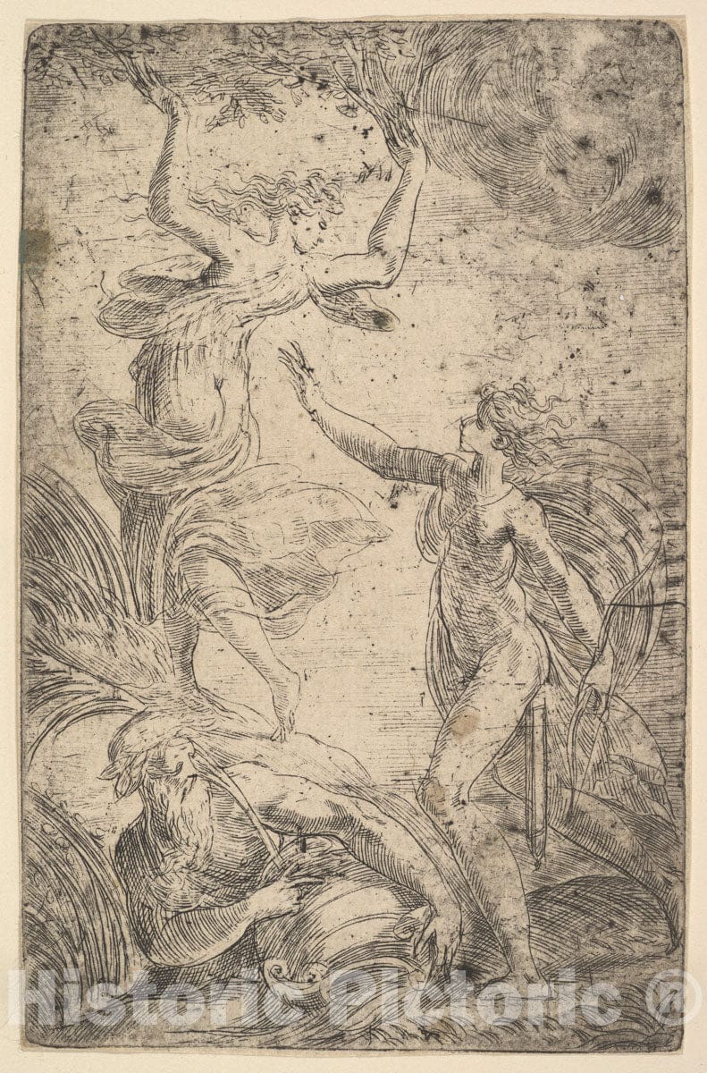 Art Print : Andrea Schiavone (Andrea Meldola) - Apollo at Right Holding a Bow Chasing Daphne at The Left : Vintage Wall Art