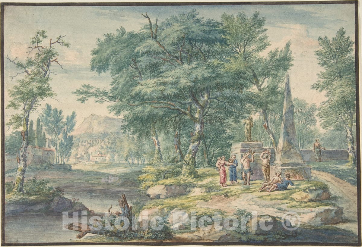 Art Print : Jan Van Huysum - Arcadian Landscape with Figures Making Music : Vintage Wall Art