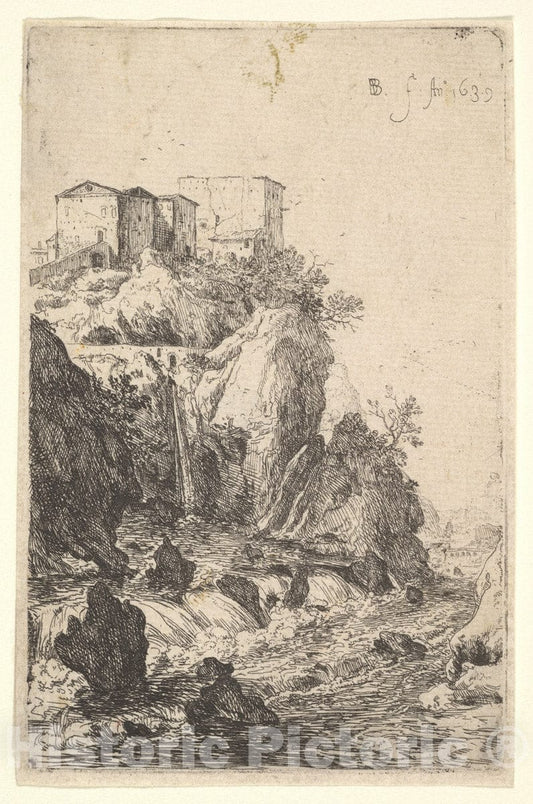 Art Print : Bartholomeus Breenbergh - Cascades Near Ponte Della Trave, with Buildings on a Rocky Outcrop Above, from The Series 'The Ruins of Rome' : Vintage Wall Art